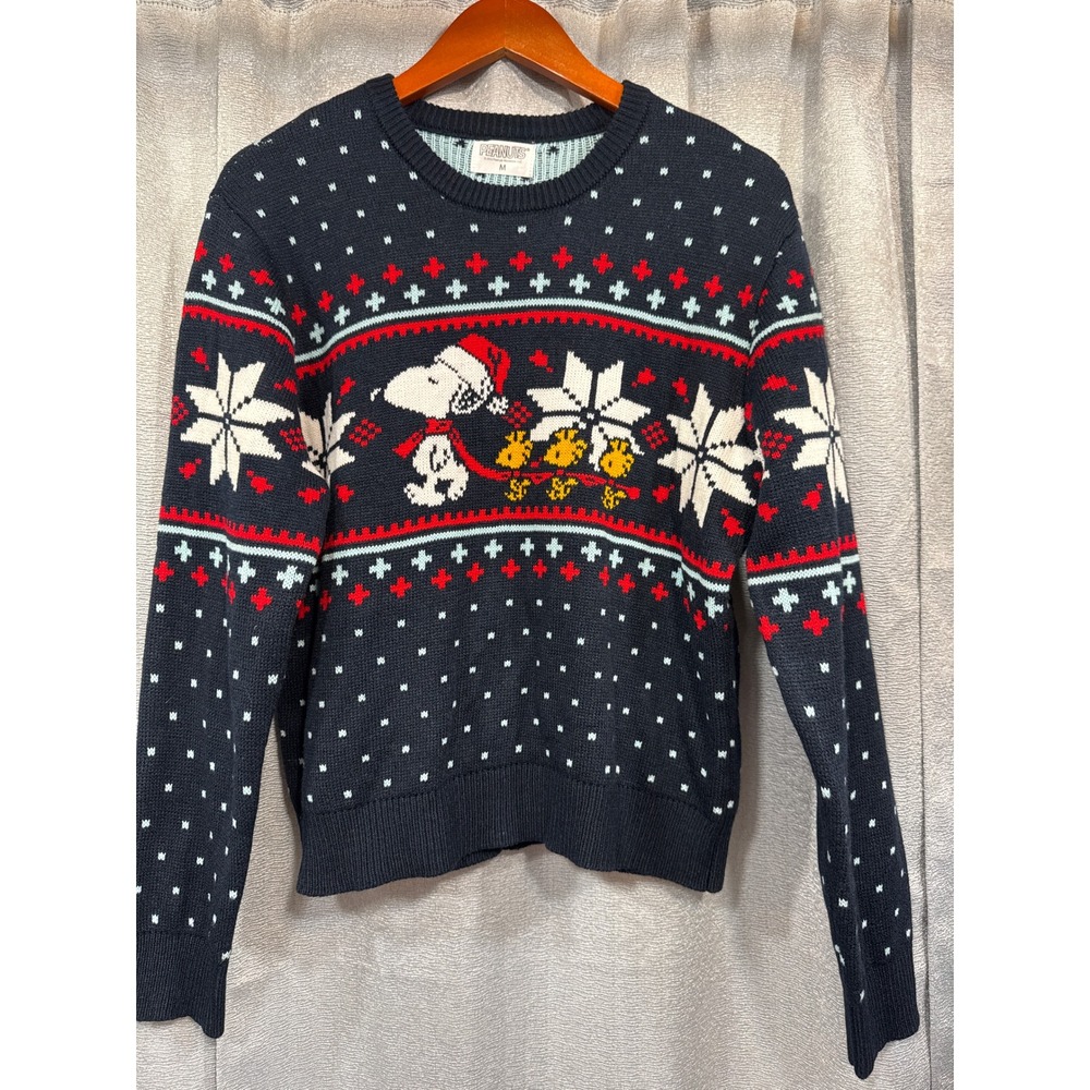 Peanuts Snoopy Woodstock‎ Christmas Sweater Navy Blue Fair Isle Holiday Womens M
